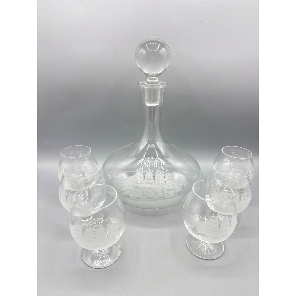 Vtg Etched Crystal Nautical Clipper Ship Decanter Set 6 Glasses Barware‎